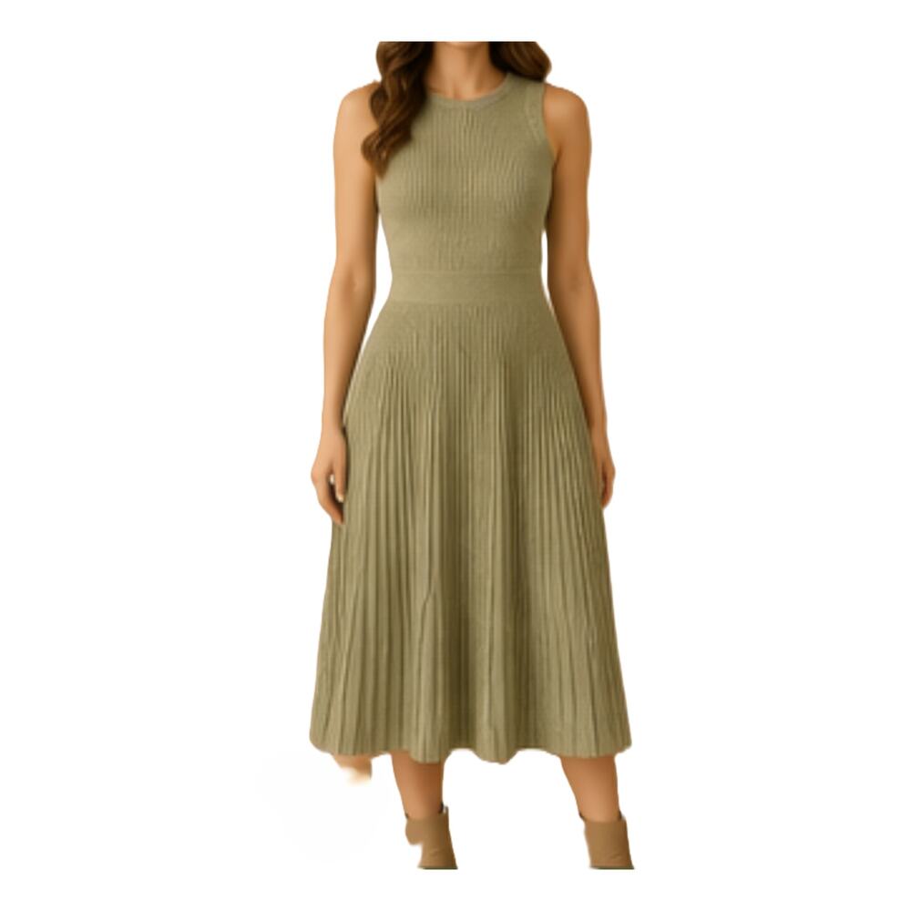 BTFBM Dress Womens Size L Ribbed Midi Knit Dress Olive Green Sleeveless NWT